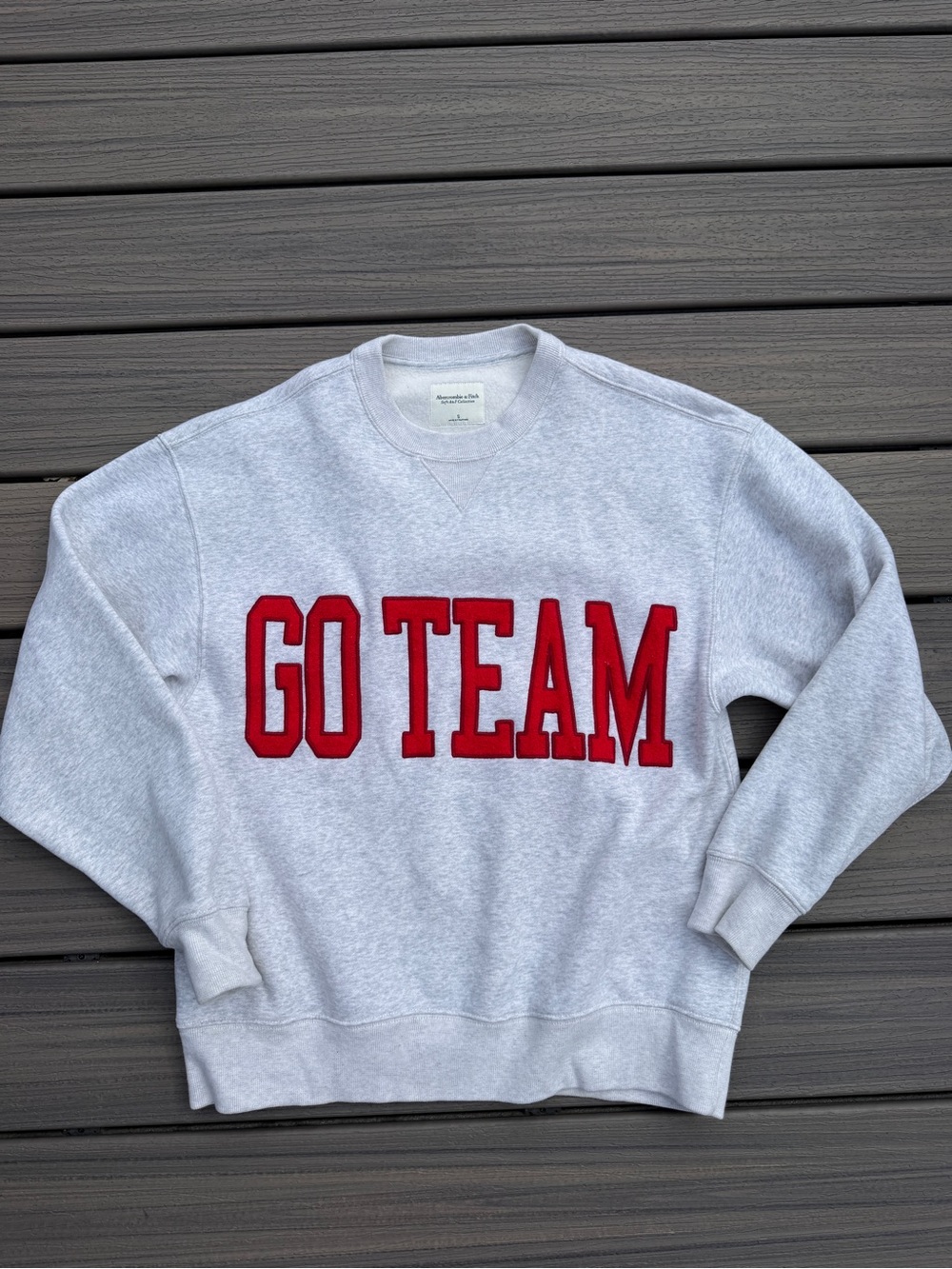 Abercrombie & Fitch Light Gray Crewneck with Red 'GO TEAM' Appliqué